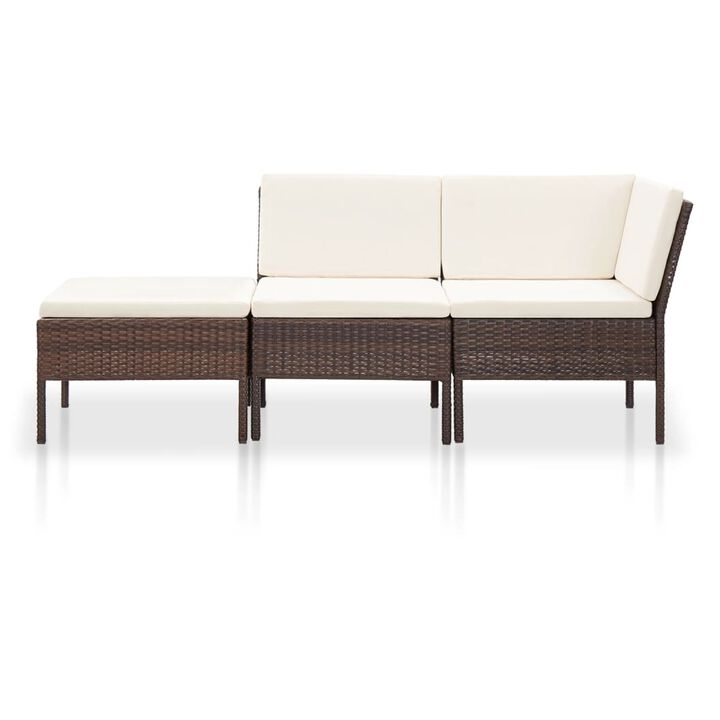 Modular 3pc Outdoor Lounger Sofa, Brown Poly Rattan, Ivory Fabric - Benzara