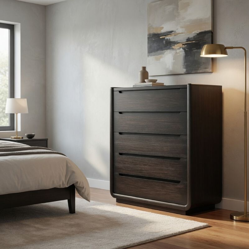 Lina Tall Dresser Chest with 5 Drawers, Integrated Handles, Black Wood image number 8