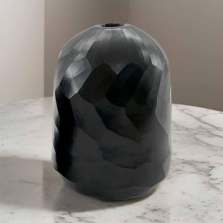 Fory Flower Vase, Modern Round Oval Shaped Hand Carved Black Glass Finish - Benzara