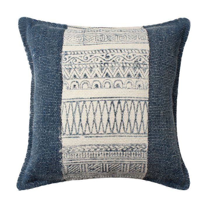 18 x 18 Square Handwoven Accent Throw Pillow, Polycotton Dhurrie, Kilim Pattern, White, Blue- Benzara