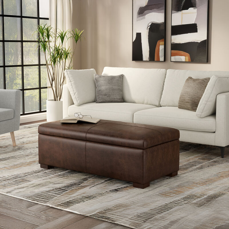 Gabbie 48 inch Wide Contemporary Rectangle Rectangular Storage Ottoman in Distressed Chestnut Brown  Vegan Faux Leather, Assembled image number 2