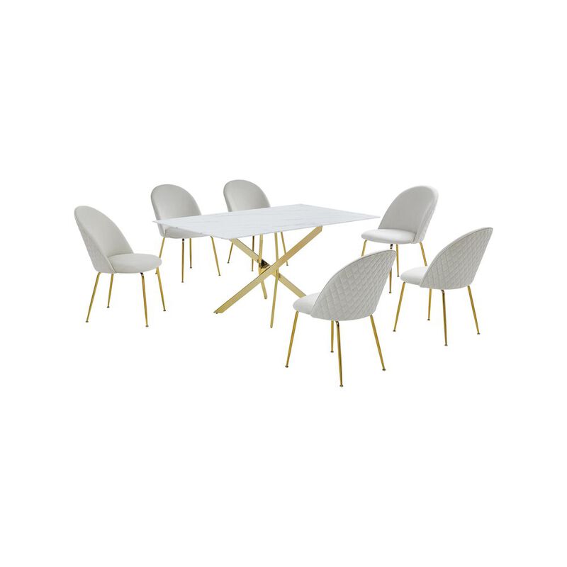 Best Quality Furniture Glass With White Marble Wrap Dining Set And Cream Chairs