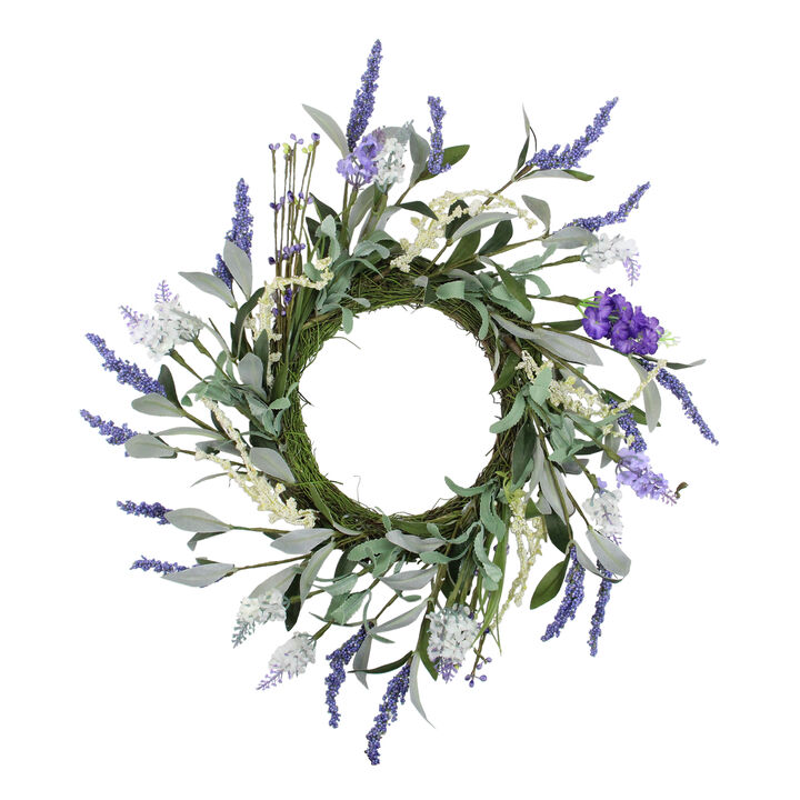 Green and Purple Twig Artificial Floral Wreath  16-Inch - Unlit