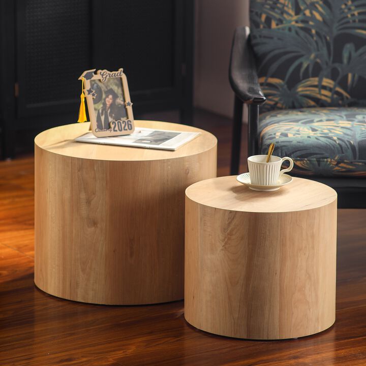 Modern Round Drum Nesting Coffee Table Set of 2, Wooden Cylinder Coffee Tables for Living Room, Space-Saving Design