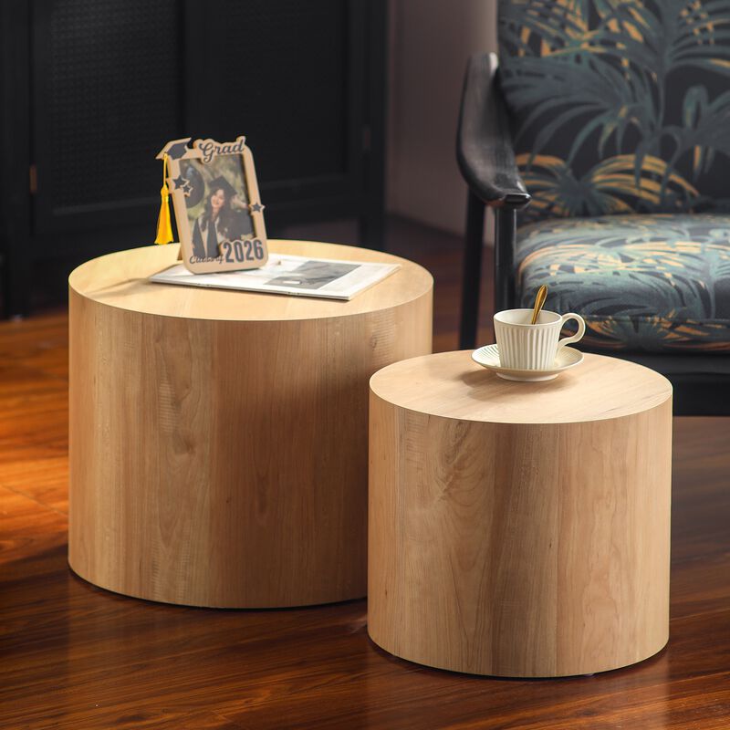 Modern Round Drum Nesting Coffee Table Set of 2, Wooden Cylinder Coffee Tables for Living Room, Space-Saving Design image number 1