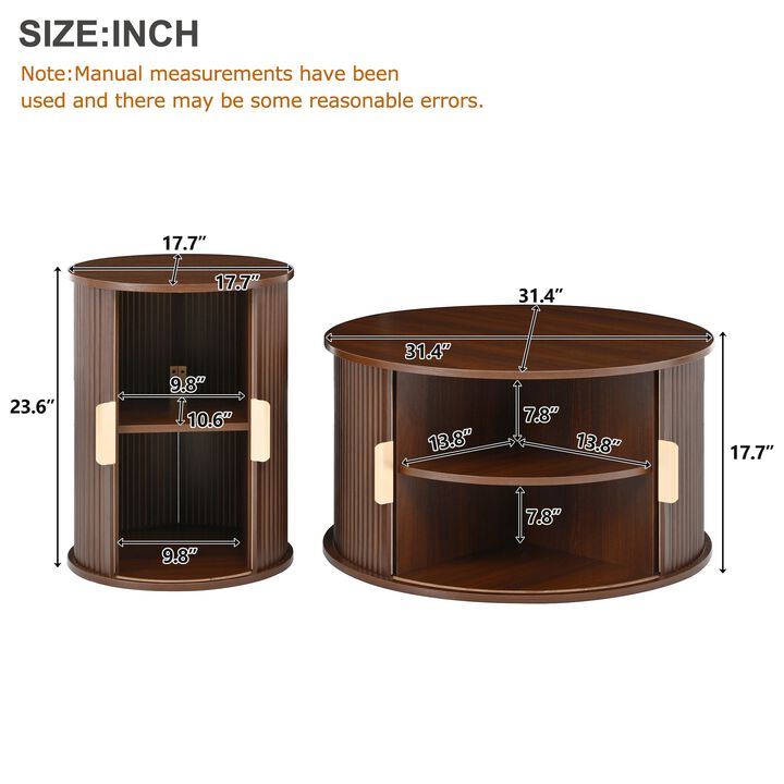 Mid Century Coffee Table Set with Sliding Tambour Door Fluted Round End Table with Storage