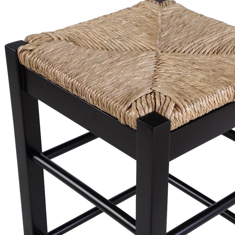 Chris 24 Inch Counter Stool with Wood Frame, Handwoven Rush Seat, Black-Benzara