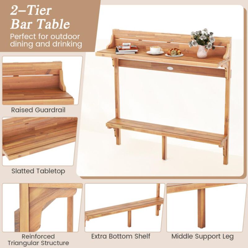 Hivvago 3 Pieces Patio Acacia Wood Bar Table Set with Footrest Curved Wood Seat