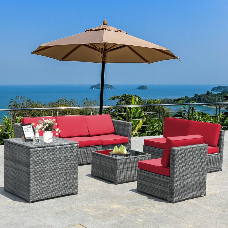 8 Piece Wicker Sofa Rattan Dinning Set Patio Furniture with Storage Table