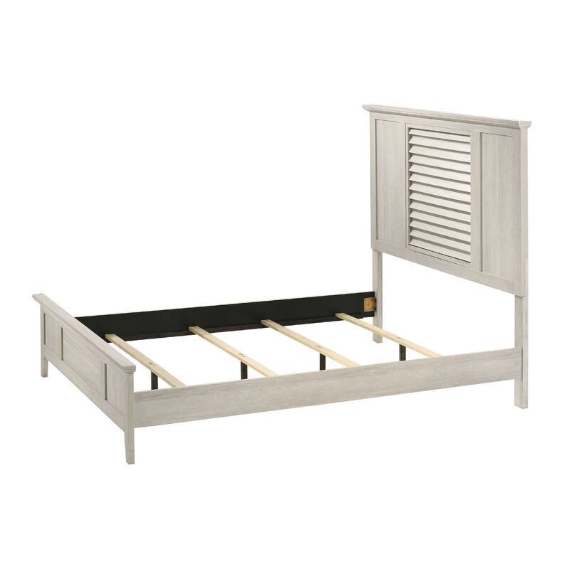 Sary King Size Bed w Tall Louvered Headboard, Tapered Front Legs, Off White
