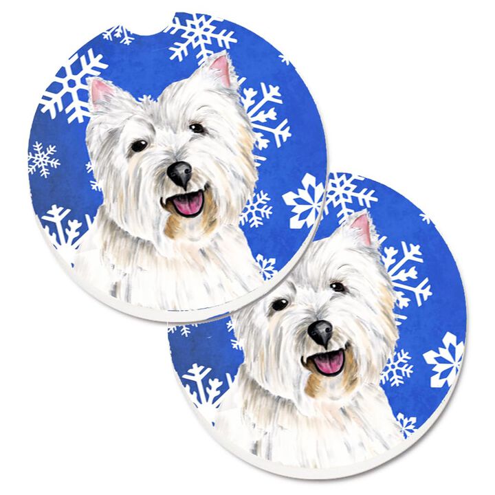 Caroline's Treasures Westie Winter Snowflakes Holiday Set of 2 Cup Holder Car Coasters SC9370CARC, 2.56, Multicolor