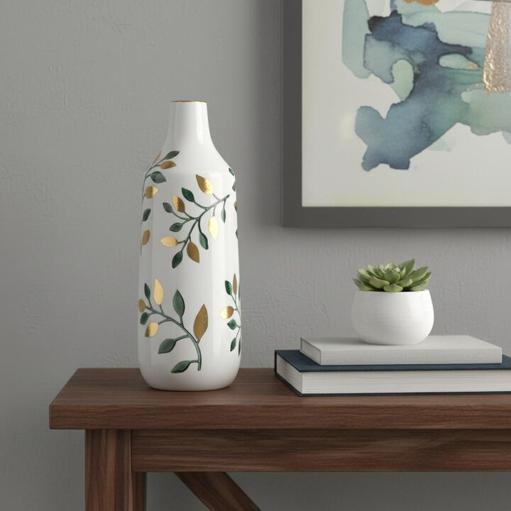 HomeRoots 12" White Green And Gold Floral Leaf Bud Ceramic Table Vase