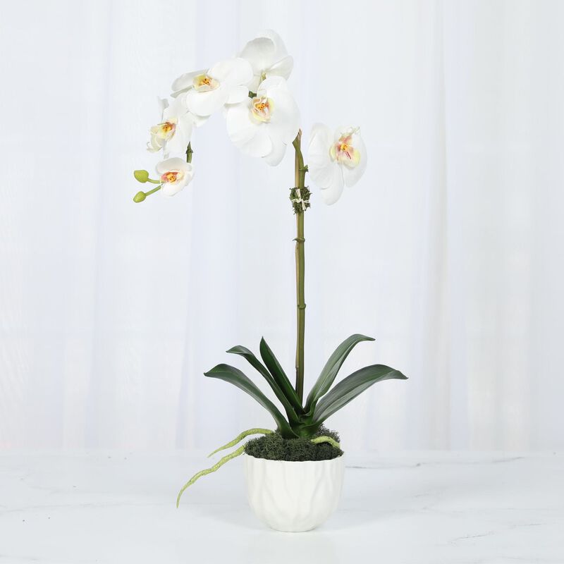 Faux Orchid Plant in White Vase - 18" image number 1