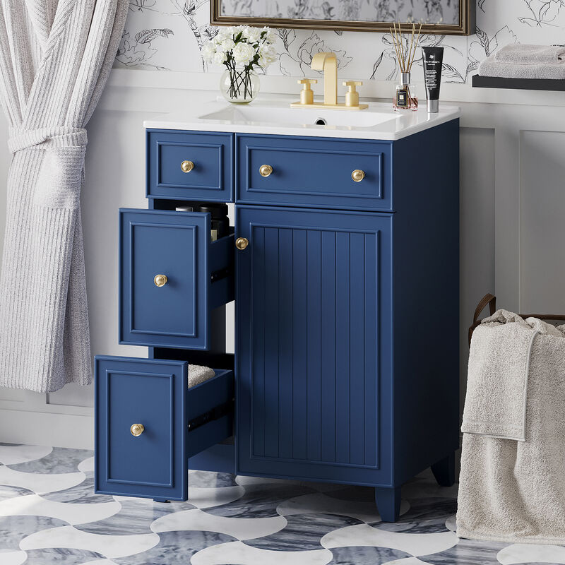 Whisen 24" Bathroom Storage Cabinet Bathroom Vanity with Ceramic Sink and 2 Drawers