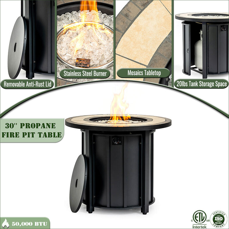 30" Propane Gas Fire Pit Table, 50000 BTU Outdoor Round Steel Fire Pit with Mosaic Ceramic Table Top