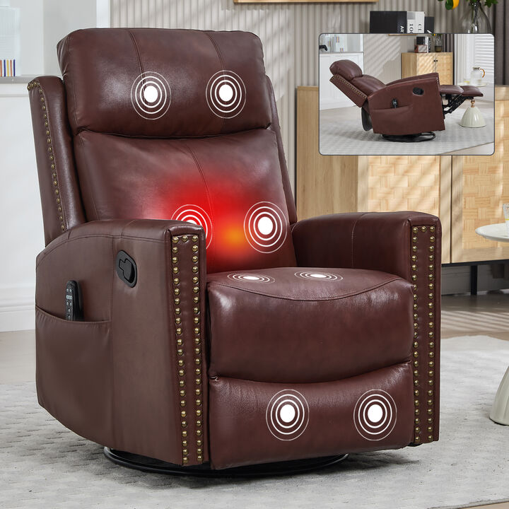 Gnuine Leather Heat Massage Manual Recliner Chair with Rocker and Swivel