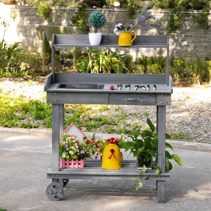 Gray Mobile Garden Aid: Potting Bench with Wheels, Sink, and Storage