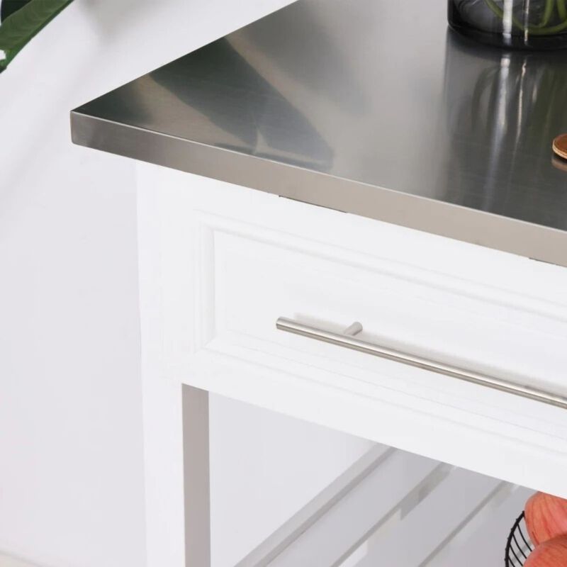 Hivvago White Rolling Kitchen Island 2 Drawers Storage with Stainless Steel Top