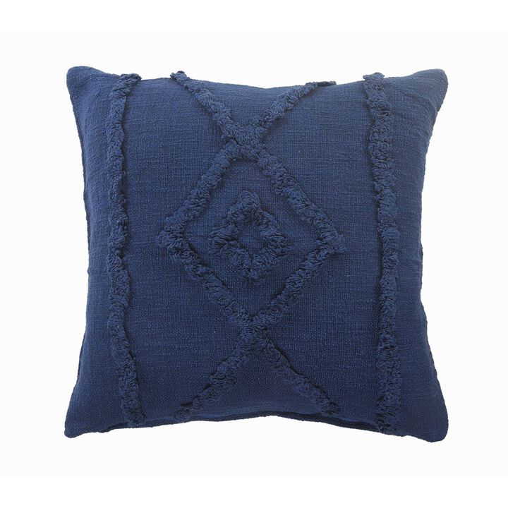 20" Navy Blue Hand Woven Diamond Tufted Square Throw Pillow