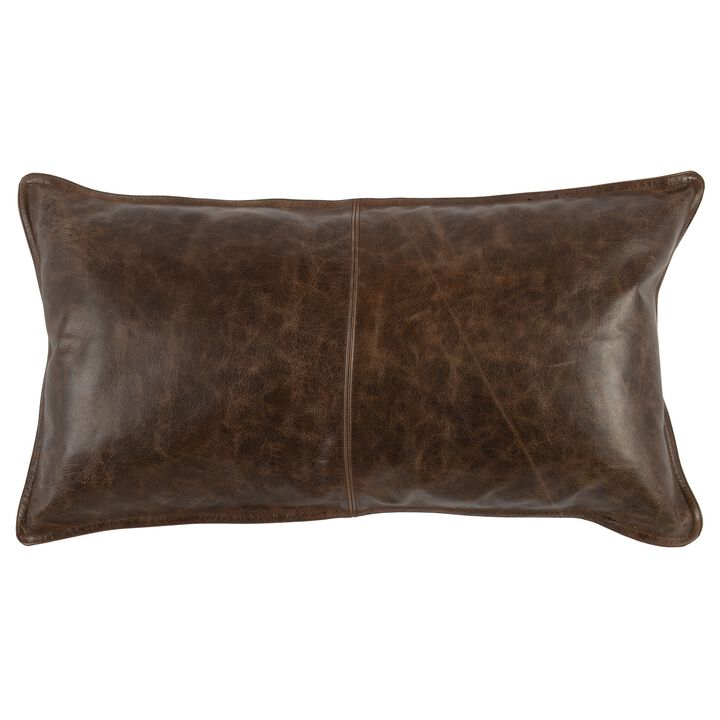 Leatherette Throw Pillow with Stitched Details and Flanged Edges,Dark Brown-Benzara