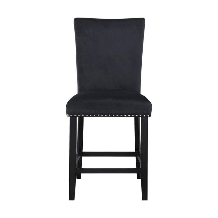 HomeRoots Set of Two 25" Black Wood and Velvet Counter Height Bar Chairs
