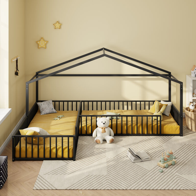Merax Double Twin Size L-Shaped Montessori Bed, Metal Corner House Bed Frame with Fence image number 1