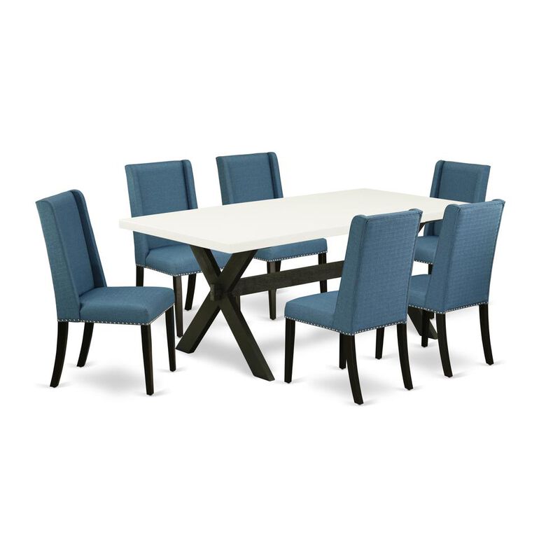East West Furniture 7-Piece Fashionable Dinette Set a Superb Linen White Modern Dining Table Top and 6 Attractive Linen Fabric Solid Wood Leg Chairs with Nail Heads and Stylish Chair Back,
