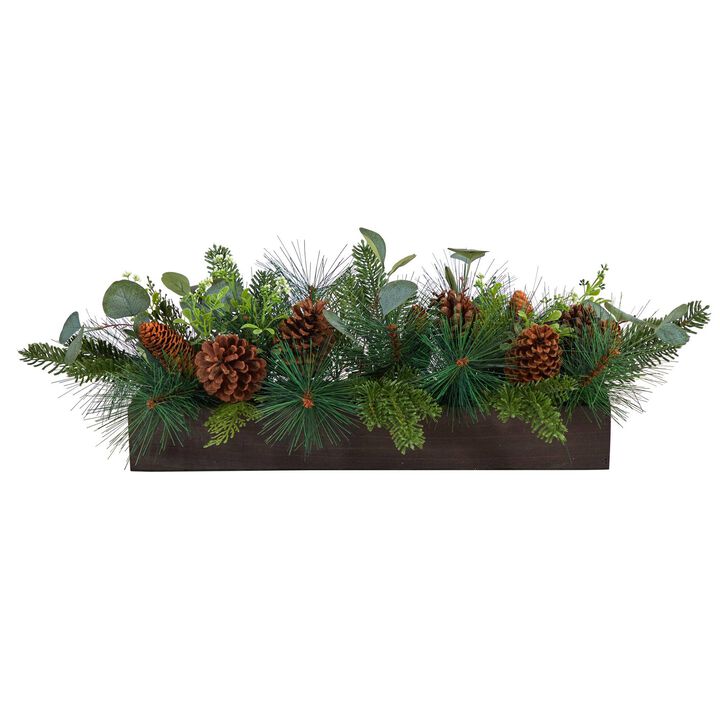 Nearly Natural 30-in Evergreen Pine and Pine Cone Artificial Christmas Centerpiece Arrangement
