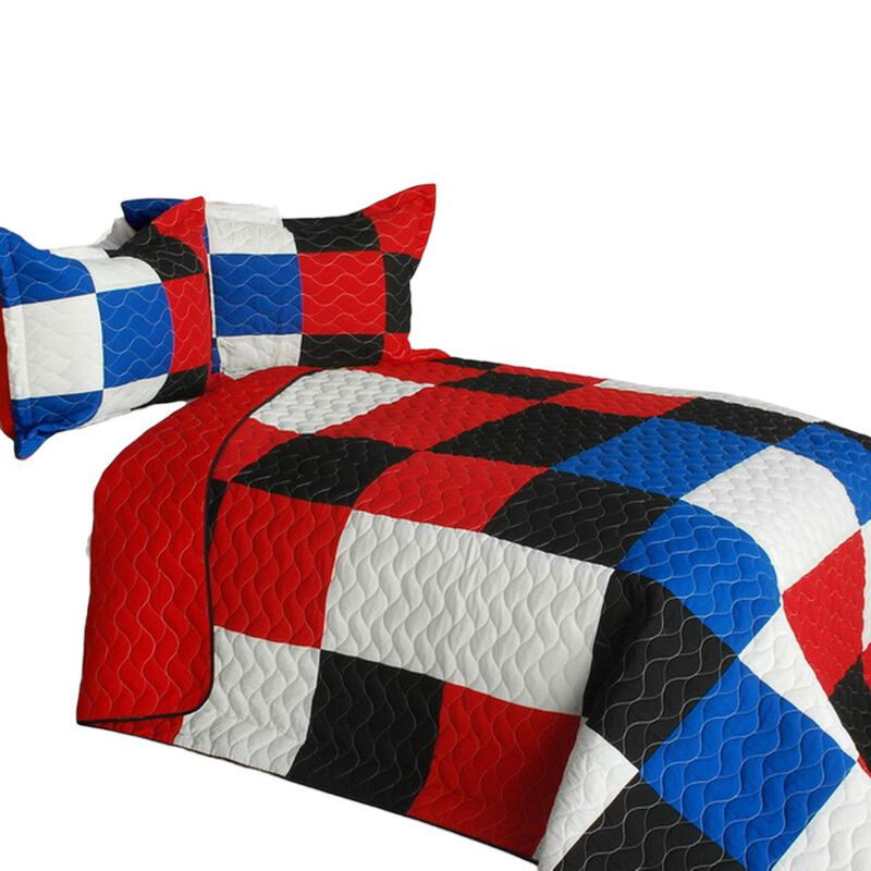 3 Piece Queen Size Patchwork Quilt Set with Vermicelli Quilted Finish-Blue image number 1