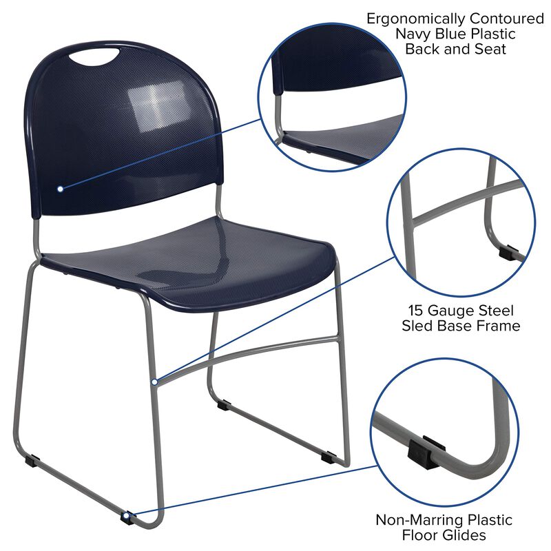Flash Furniture HERCULES Series 880 lb. Capacity Navy Ultra-Compact Stack Chair with Silver Powder Coated Frame