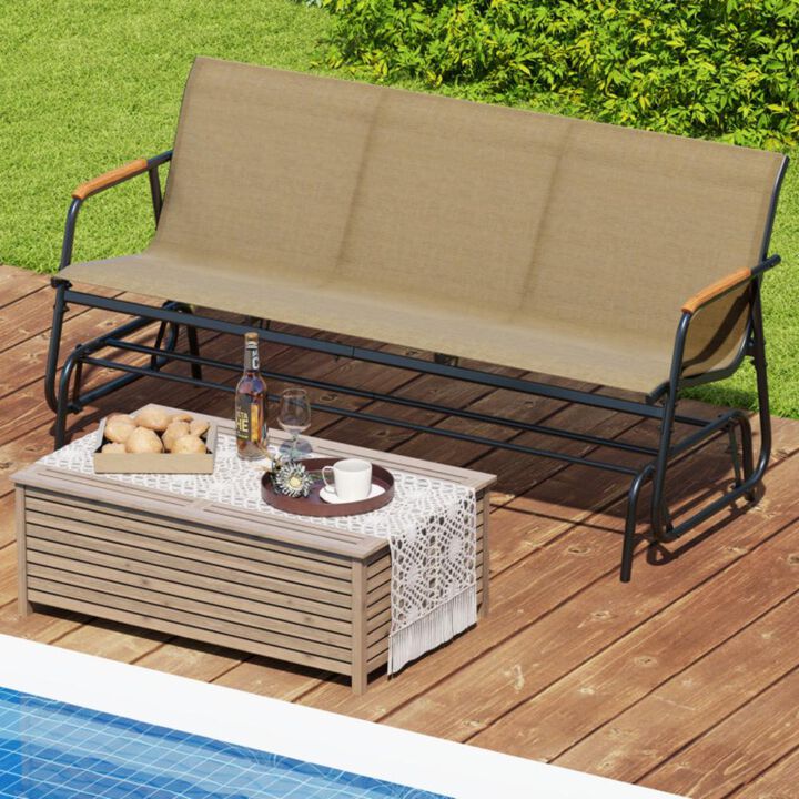 Hivvago Patio Glider Bench with Curved Teak Armrests and Breathable Fabric Seat for 3 People