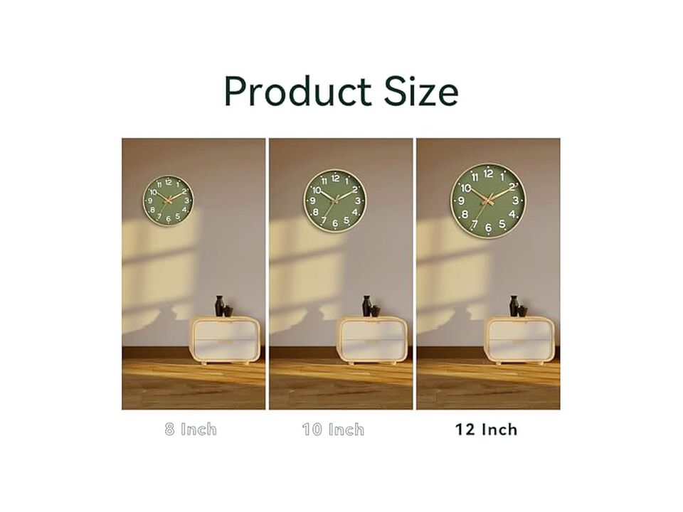 Green Gold Wall Clock 12 Inch Silent Non Ticking Modern Battery Operated