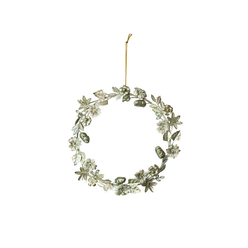 Round Metal Leaves, Flowers and Acorns Wreath, Antique Silver Finish image number 0