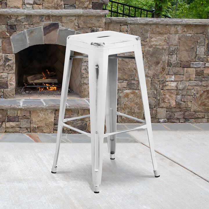 Flash Furniture Kai Commercial Grade 30" High Backless Distressed White Metal Indoor-Outdoor Barstool