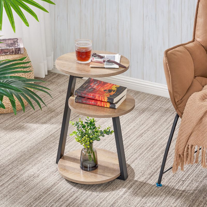 BEWISHOME Round End Table Side with Metal Frame, Accent Nightstand Bedside 3-Tier Shelves, Small for Living Room Bedroom Couch C