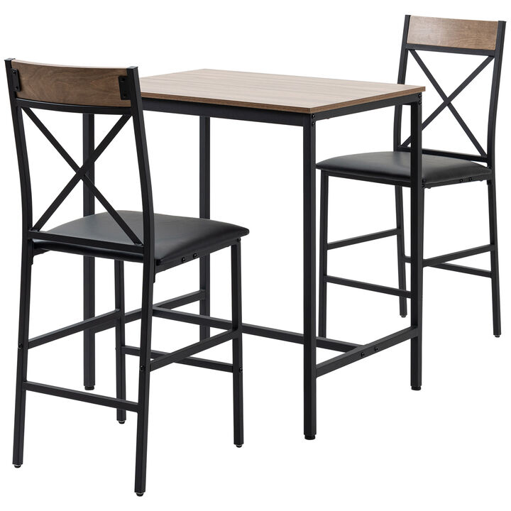 Kitchen Table and Chair Set with Two Cushioned Stools and a Bar Table, Brown