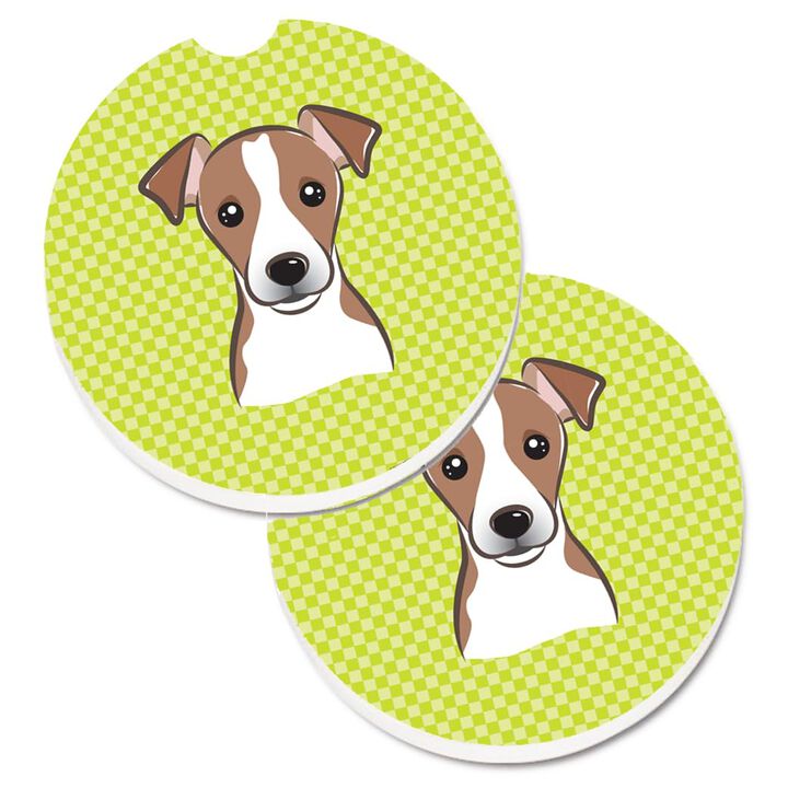 Caroline's Treasures Checkerboard Lime green Jack Russell Terrier Set of 2 Cup Holder Car Coasters BB1322CARC, 2.56, Multicolor