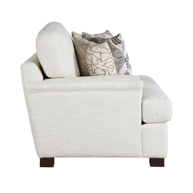 Osy Loveseat, 66 Inch, 4 Pillows, Soft Ivory Chenille, Solid Wood - Benzara
