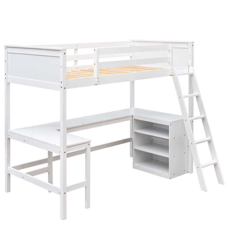Twin size Loft Bed with Shelves and Desk, Wooden Loft Bed with Desk - Espresso