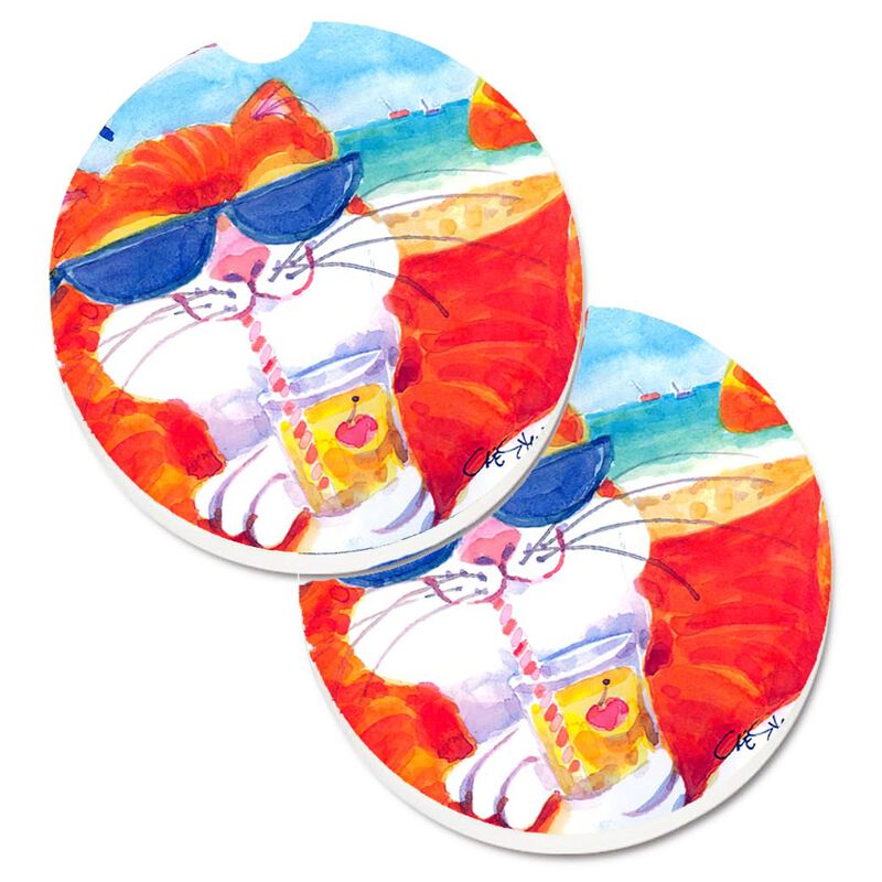 Caroline's Treasures Cool Cat with Sunglasses At The Beach Set of 2 Cup Holder Car Coasters 6118CARC, 2.56, Multicolor image number 0