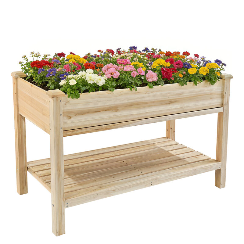 WOW PIONEER Elevated Solid Wood Raised Garden Bed with Water Collection Tray, Storage Shelf, Protective Liner image number 8