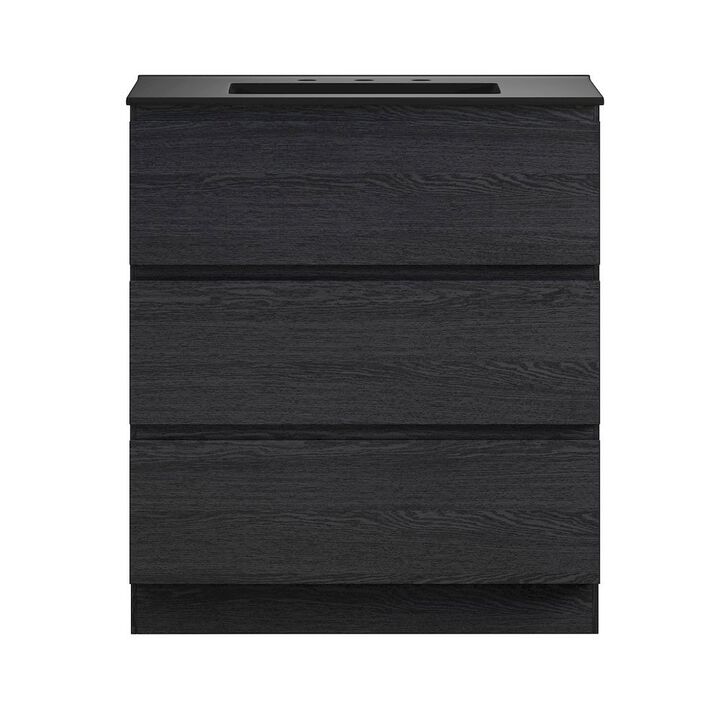 30" Freestanding Bathroom Vanity in Black Oak, Black 3-Hole Widespread Sink Top