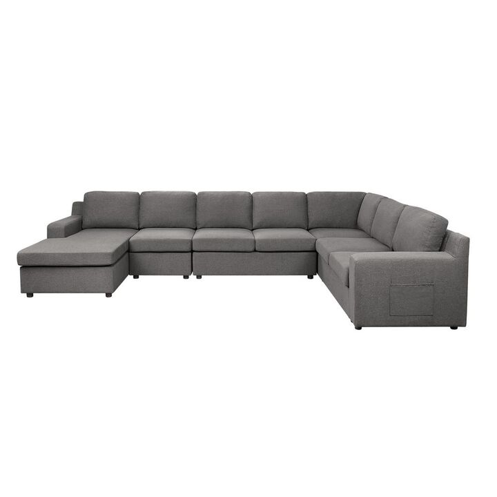 Lilola Home Waylon Gray Linen, 7-Seater U-Shape Sectional Sofa Chaise with Pocket
