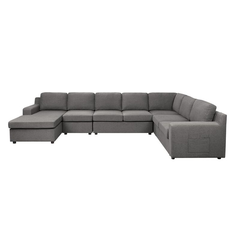Lilola Home Waylon Gray Linen, 7-Seater U-Shape Sectional Sofa Chaise with Pocket