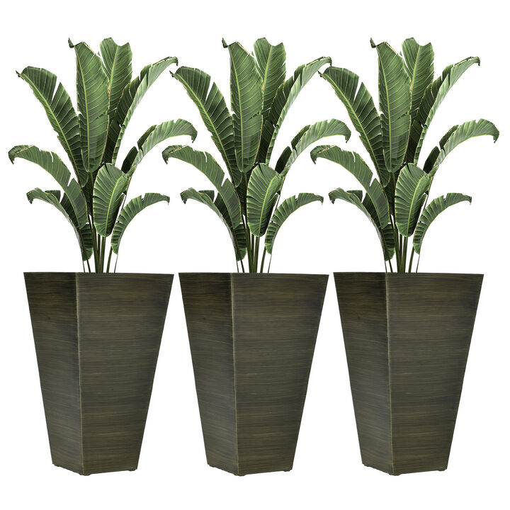 Outsunny 28" Tall Outdoor Planters, Set of 3 Large Taper Planters with Drainage Holes and Plug, Faux Wood Plastic Flower Pots for Outdoor, Indoor, Garden, Patio, Tan