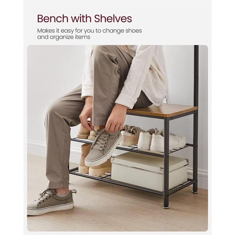 Coat Rack and Shoe Bench with Storage Shelf and Metal Frame