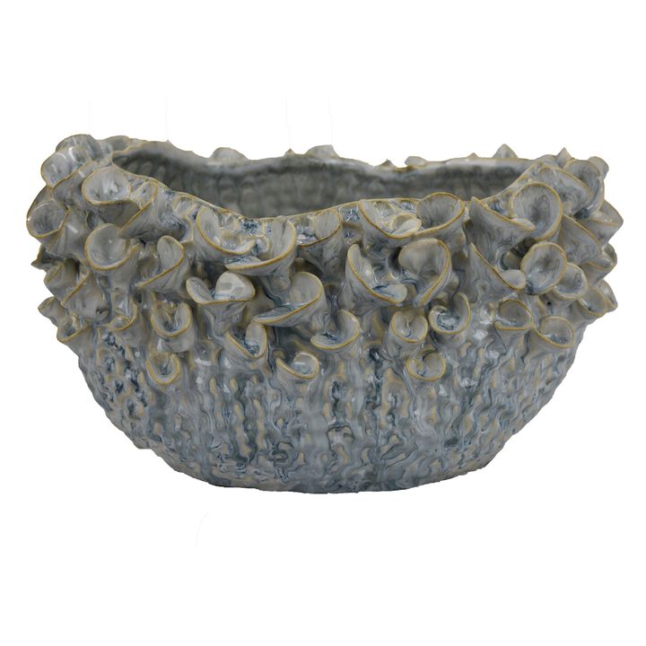 Nina Decorative Bowl, Light Blue, Textured Floral Gray Ceramic 13 Inch - Benzara