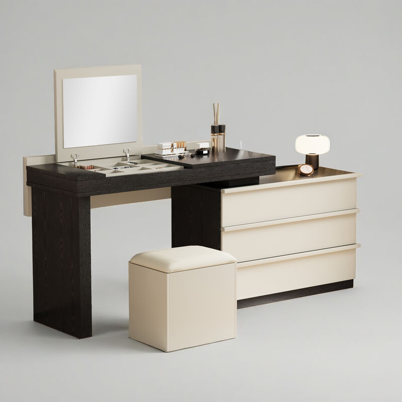 Adjustable L-Shaped Desk with Chair, 3 Drawers, Flippable Mirror & Storage Space for Writing & Vanity 47-70" Black & White