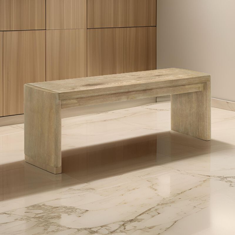 Meni 51 Inch Wide Dining Bench, Panel Legs, Oak Brown Solid Wood - Benzara