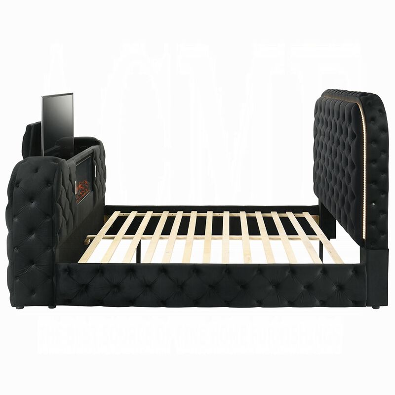 Kerie King Size Bed with LED Fireplace, TV Lift Stand, Black Velvet  - Benzara